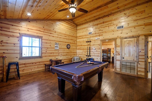 recreation room featuring wooden walls, wood ceiling, dark hardwood / wood-style floors, and billiards