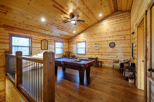 recreation room with plenty of natural light, wooden ceiling, dark wood-type flooring, and pool table