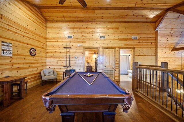 playroom with wooden walls, wood ceiling, dark wood-type flooring, and billiards