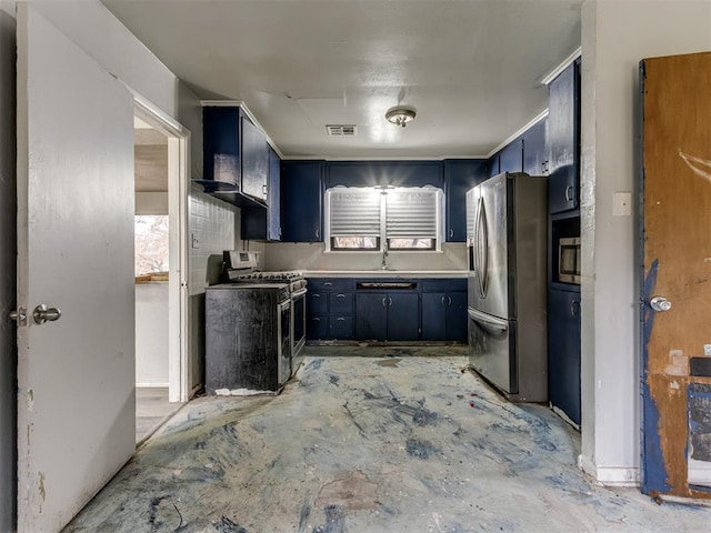 kitchen with appliances with stainless steel finishes, blue cabinets, and sink