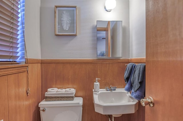 bathroom with toilet, sink, and wooden walls