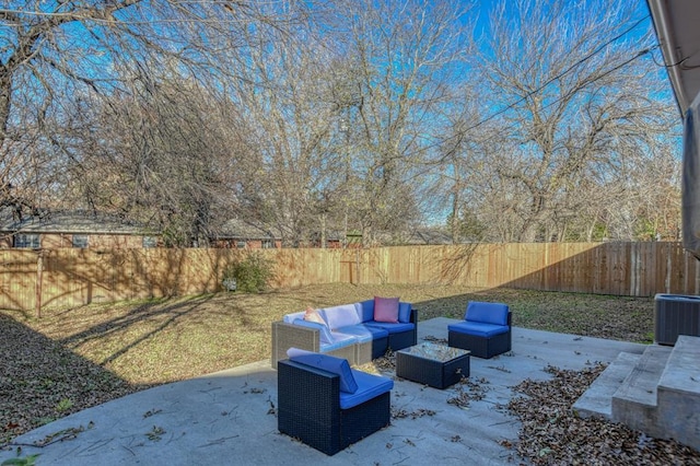 view of patio / terrace featuring central air condition unit and an outdoor living space