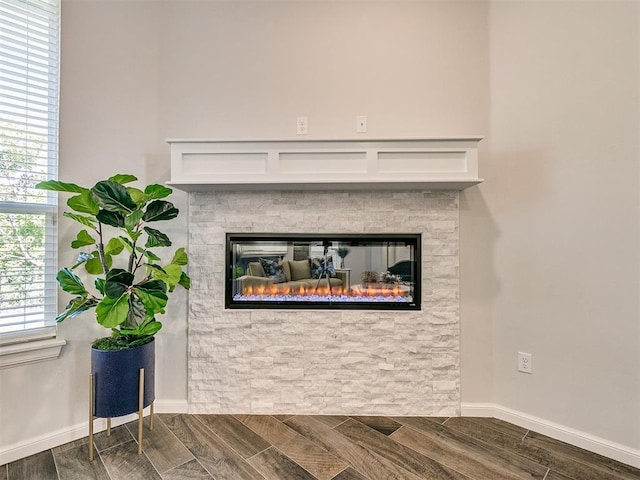 room details featuring a fireplace and hardwood / wood-style floors