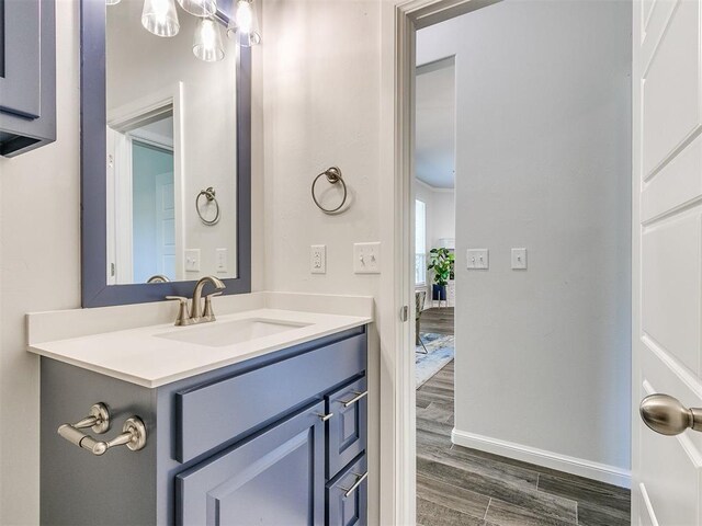 bathroom with hardwood / wood-style floors and vanity