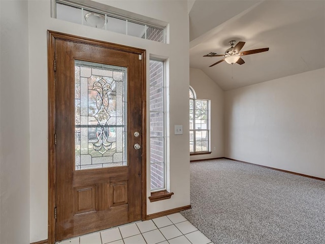 1036 SW 129th St, Moore, OK 73170 - entryway with lofted ceiling, light carpet, and ceiling fan