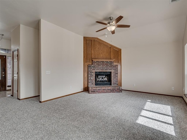 1036 SW 129th St, Moore, OK 73170 - unfurnished living room featuring ceiling fan, light carpet, and a brick fireplace