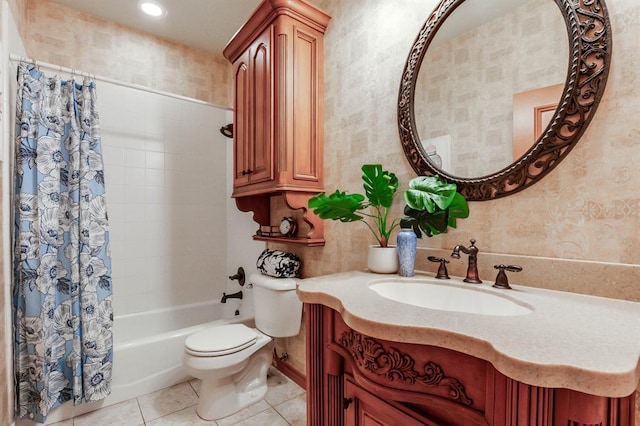 full bathroom with toilet, vanity, tile patterned flooring, wallpapered walls, and shower / bath combination with curtain