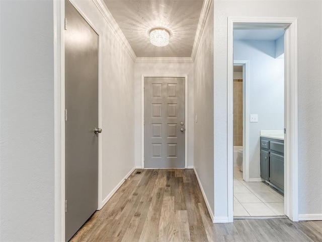 corridor featuring crown molding and light hardwood / wood-style floors