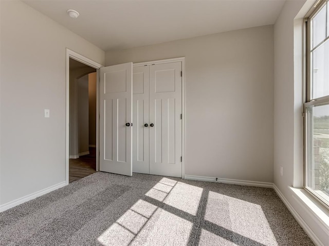 unfurnished bedroom with multiple windows, a closet, and carpet