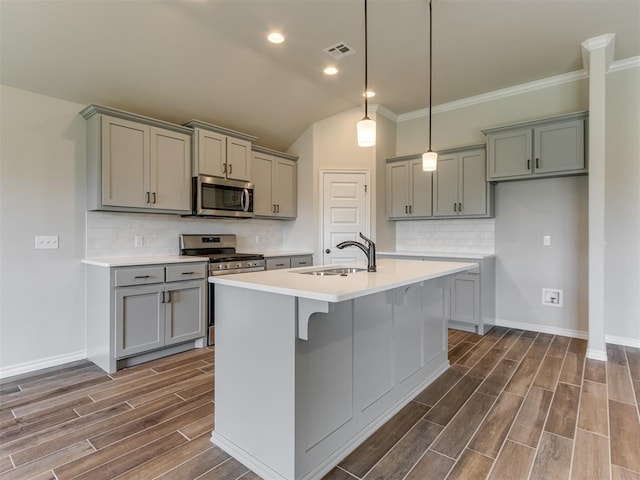 kitchen with sink, dark wood-type flooring, an island with sink, vaulted ceiling, and appliances with stainless steel finishes