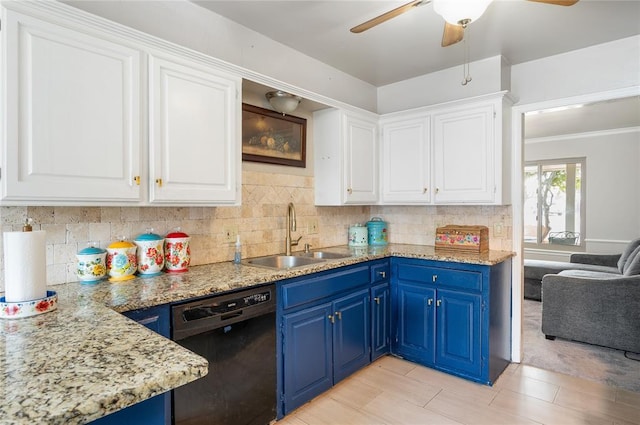 kitchen with dishwasher, white cabinetry, and sink