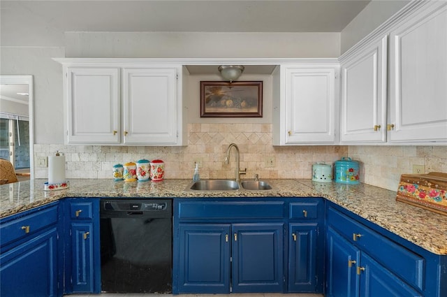 kitchen featuring blue cabinetry, dishwasher, sink, decorative backsplash, and white cabinets