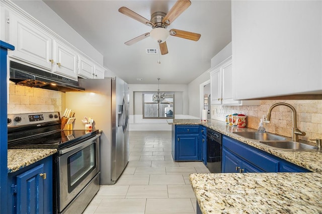 kitchen with blue cabinetry, white cabinetry, stainless steel range with electric stovetop, and sink