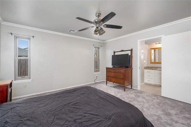 unfurnished bedroom featuring ceiling fan, light colored carpet, ornamental molding, and ensuite bath