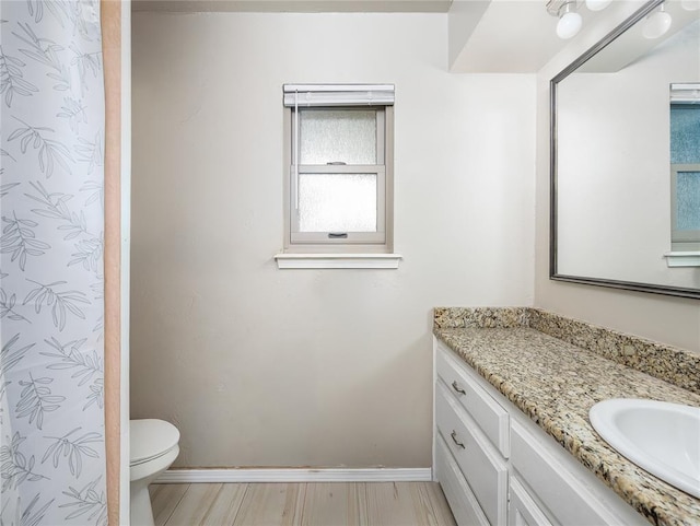 bathroom featuring toilet, vanity, and hardwood / wood-style flooring