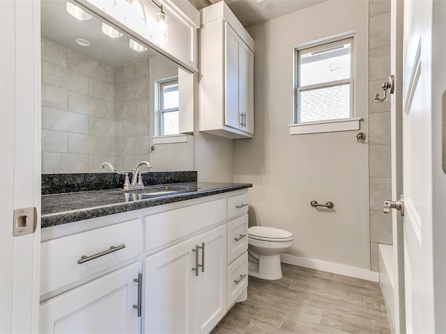 bathroom with vanity, hardwood / wood-style flooring, and toilet