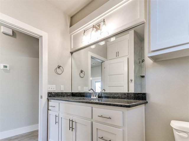 bathroom featuring vanity, toilet, and wood-type flooring