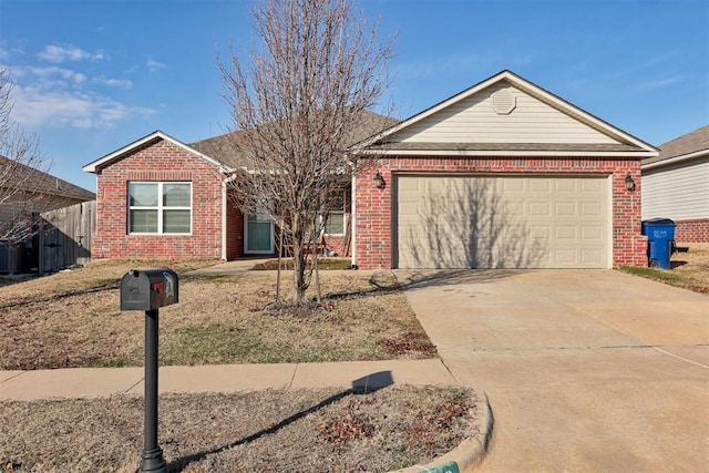 ranch-style house featuring an attached garage, cooling unit, concrete driveway, and brick siding