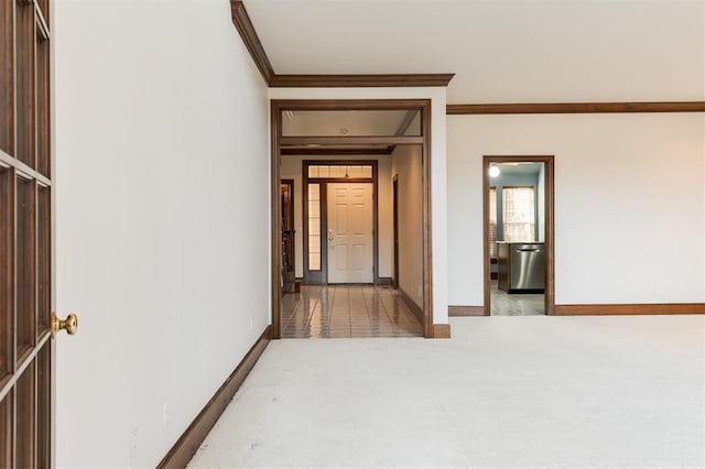 interior space featuring carpet and ornamental molding