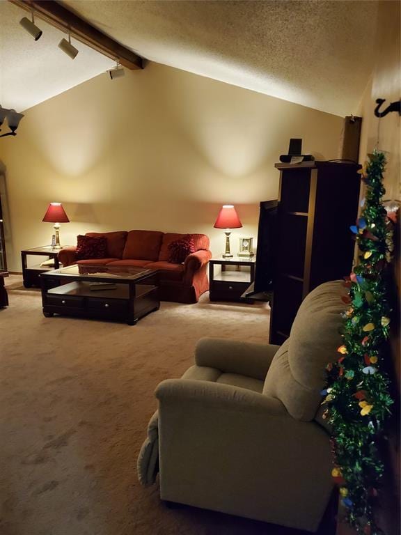 living room featuring carpet, lofted ceiling with beams, rail lighting, and a textured ceiling