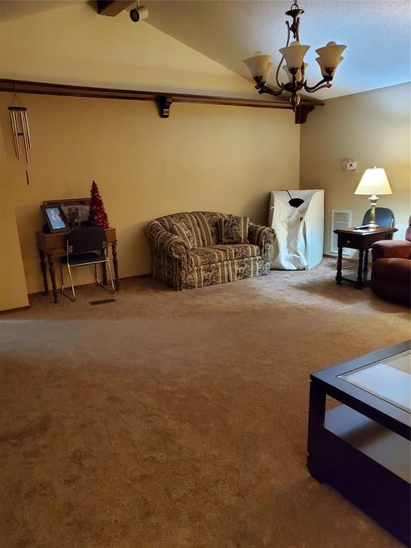 carpeted living room featuring vaulted ceiling with beams and a chandelier