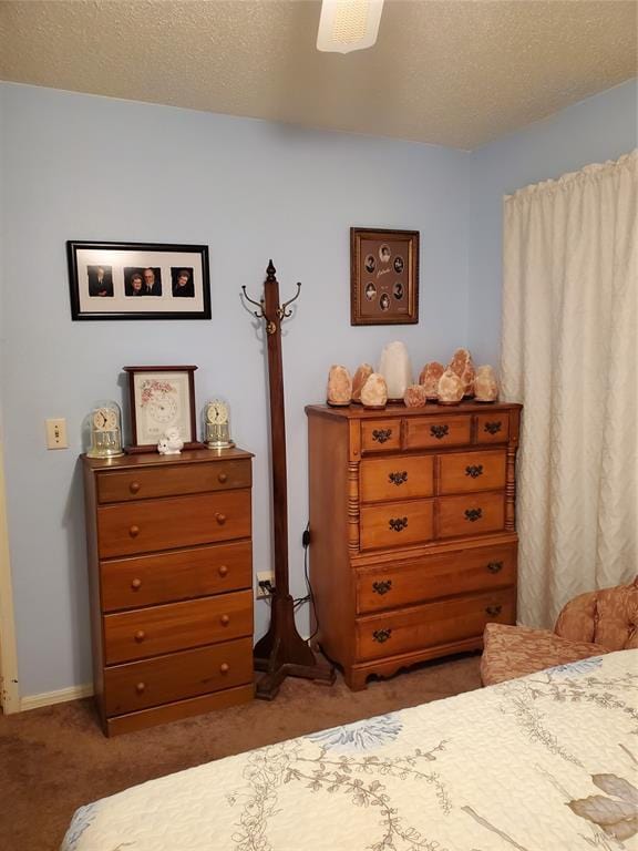 carpeted bedroom with a textured ceiling