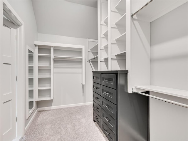 spacious closet featuring light colored carpet