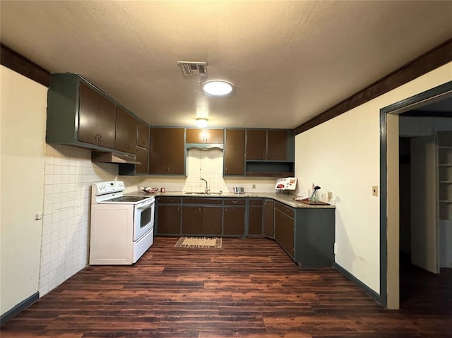 kitchen featuring dark brown cabinets, a textured ceiling, sink, white electric range, and dark hardwood / wood-style floors