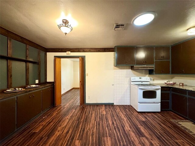 kitchen featuring a textured ceiling, white range with electric cooktop, dark brown cabinets, and dark hardwood / wood-style floors