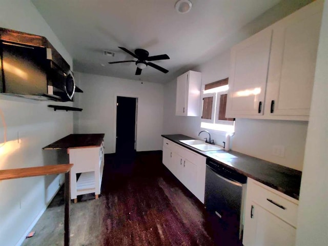 kitchen with sink, stainless steel dishwasher, dark hardwood / wood-style floors, ceiling fan, and white cabinetry