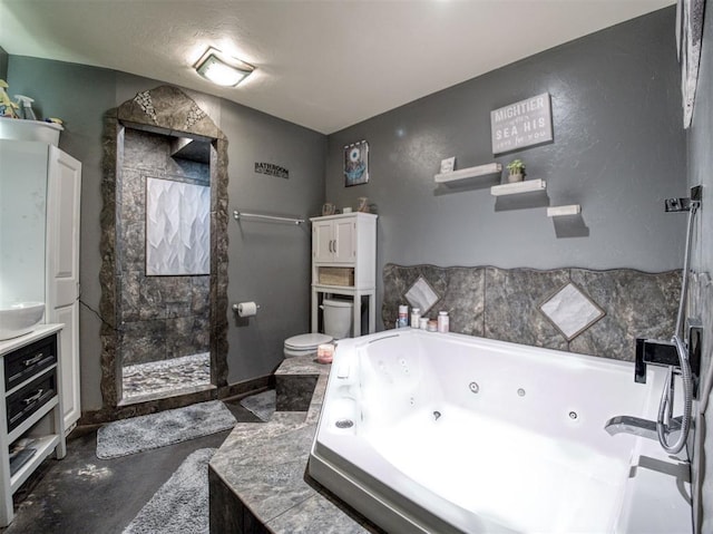 full bathroom featuring separate shower and tub, vanity, concrete flooring, and toilet