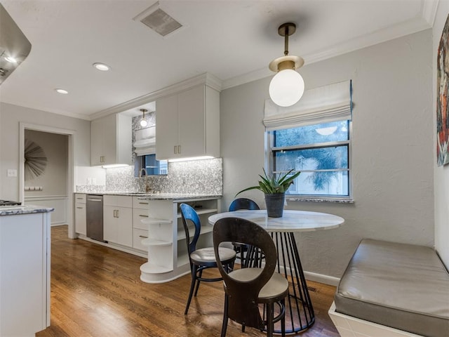 kitchen featuring white cabinets, plenty of natural light, dark wood-type flooring, and tasteful backsplash