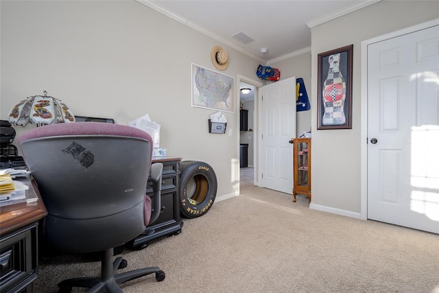 office featuring ornamental molding and light carpet