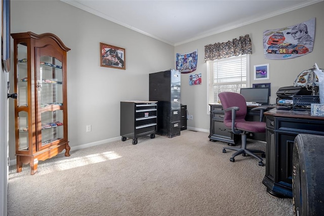 carpeted office featuring ornamental molding