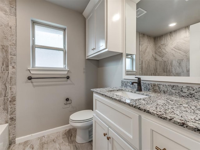 full bathroom featuring visible vents, walk in shower, baseboards, toilet, and vanity