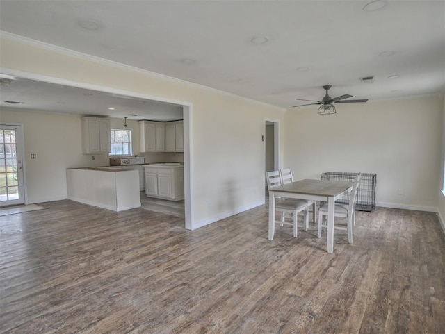 unfurnished dining area with hardwood / wood-style floors, ornamental molding, and a wealth of natural light