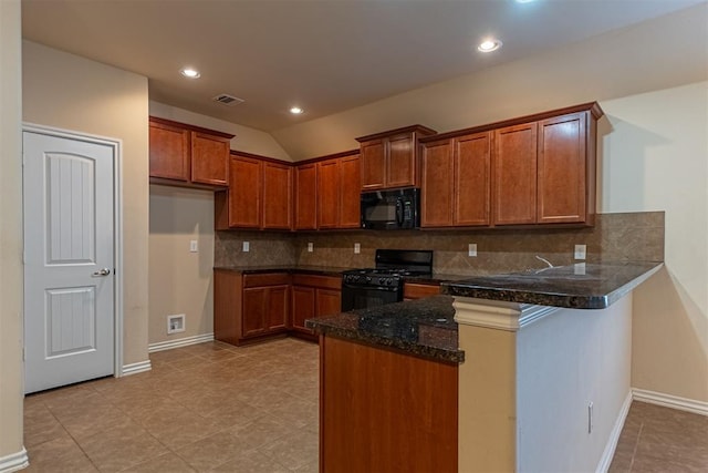 kitchen with tasteful backsplash, kitchen peninsula, dark stone counters, lofted ceiling, and black appliances