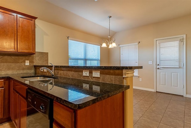 kitchen with dishwasher, sink, backsplash, dark stone countertops, and kitchen peninsula