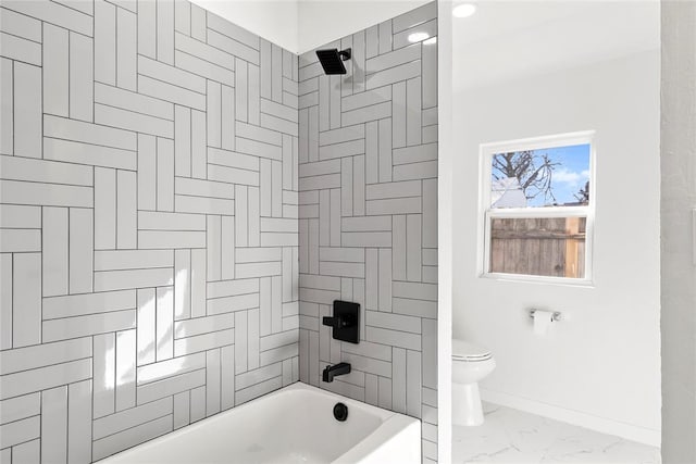 bathroom featuring  shower combination, toilet, baseboards, and marble finish floor