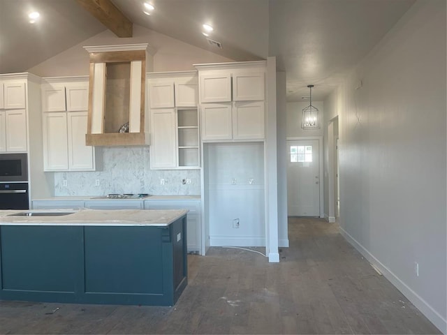 kitchen with hanging light fixtures, white cabinetry, dark hardwood / wood-style flooring, and black appliances