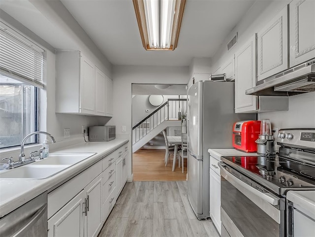 kitchen featuring sink, white cabinets, stainless steel appliances, and light wood-type flooring