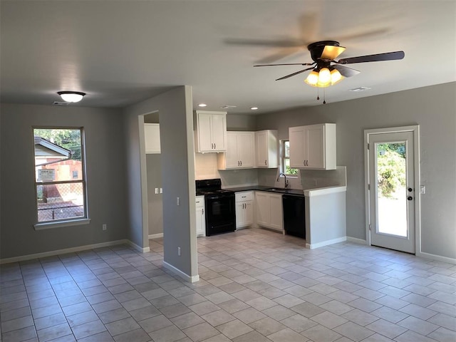 kitchen with white cabinetry, sink, ceiling fan, light tile patterned flooring, and black appliances