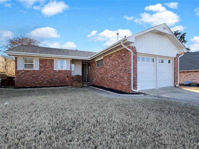 ranch-style house with a garage and a front yard