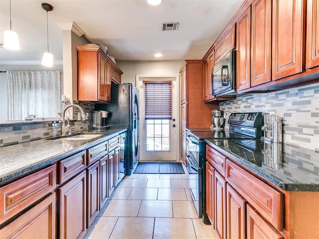 kitchen with black appliances, sink, ornamental molding, tasteful backsplash, and decorative light fixtures