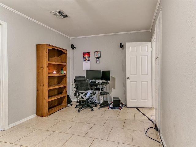 office area featuring ornamental molding and light tile patterned flooring