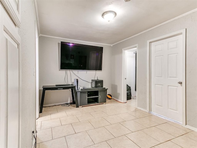 tiled living room featuring crown molding