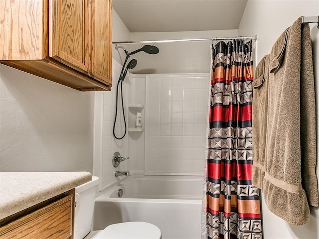 full bathroom with vanity, toilet, and shower / bathtub combination with curtain