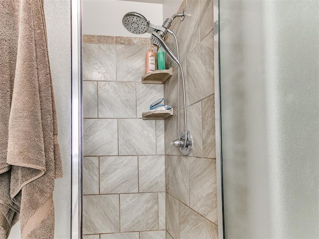 bathroom with a shower with shower door