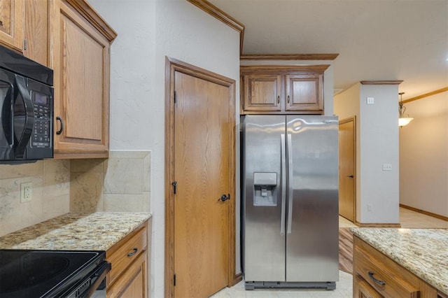 kitchen with backsplash, light stone countertops, stainless steel refrigerator with ice dispenser, and ornamental molding