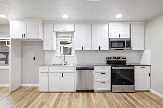 kitchen featuring sink, decorative backsplash, light wood-type flooring, white cabinetry, and stainless steel appliances